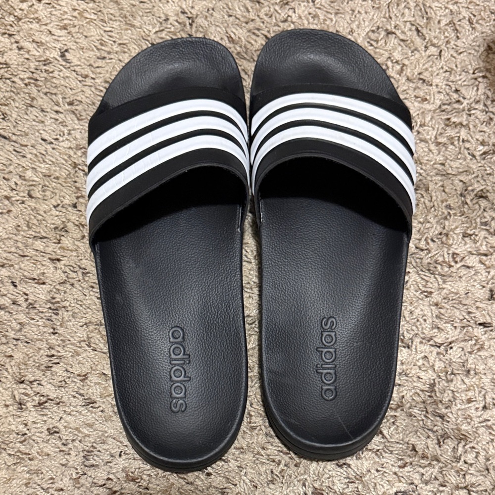 Adidas Black and White Striped Slides